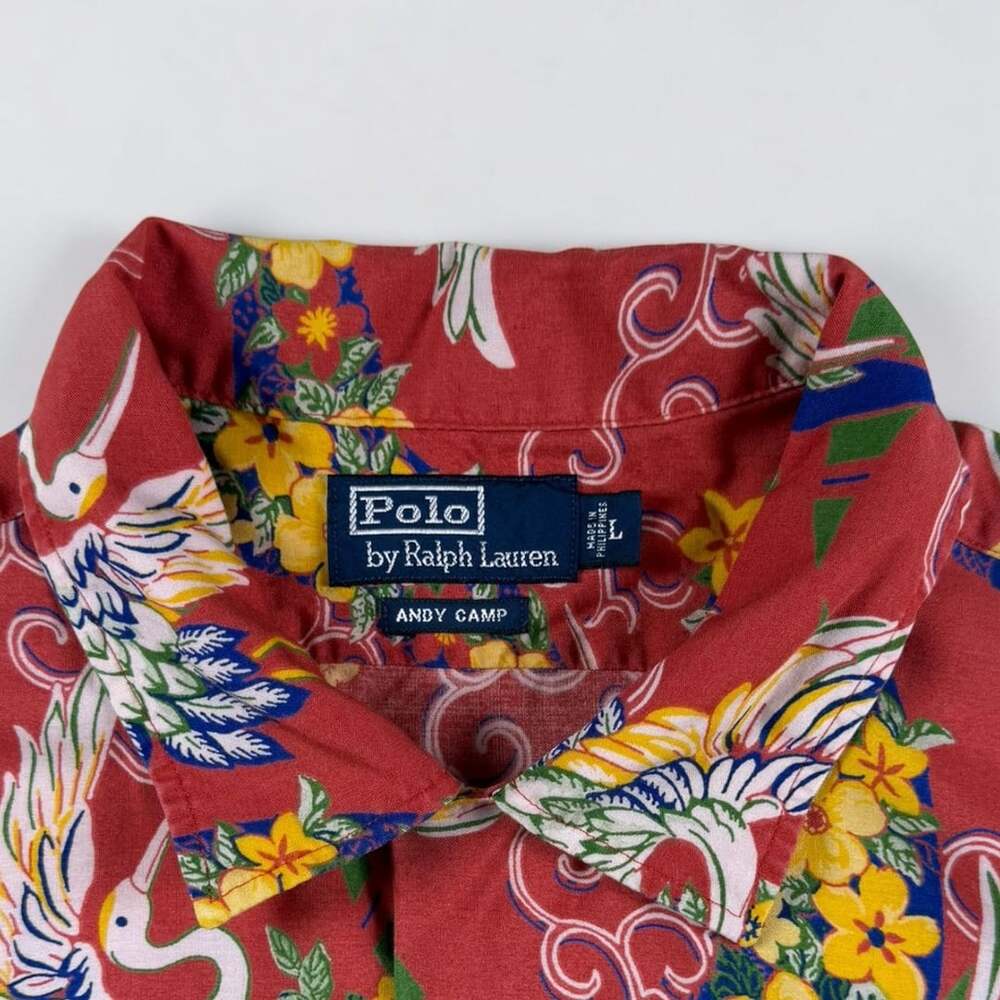 Polo Ralph Lauren Andy Camp Shirt Mens L Red Crane Floral Hawaiian Aloha Shirt